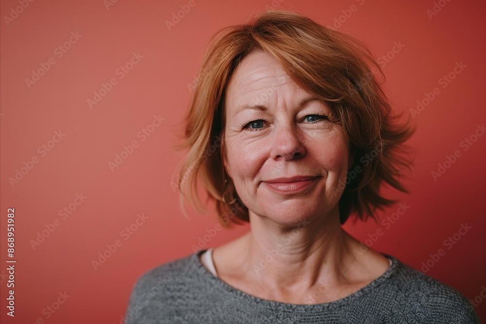 Portrait of a smiling middle-aged woman on a red background Portrait of a smiling middle-aged woman on a red background