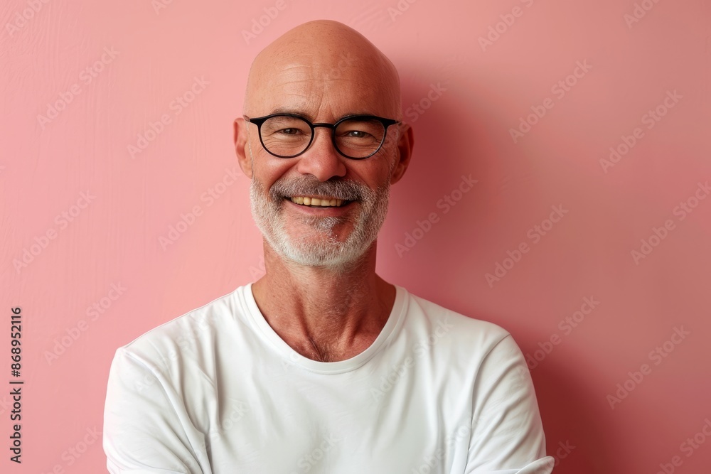 Portrait of a happy senior man with white beard and glasses against pink background Portrait of a happy senior man with white beard and glasses against pink background