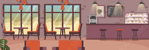 Cute and nice design of cafe Coffee with furniture and interior objects vector design