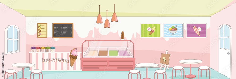 Cute and nice design of Ice cream shop with furniture and interior objects vector design Cute and nice design of Ice cream shop with furniture and interior objects vector design