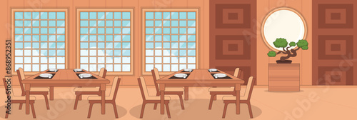 Cute and nice design of Japanese restaurant with furniture and interior objects vector design