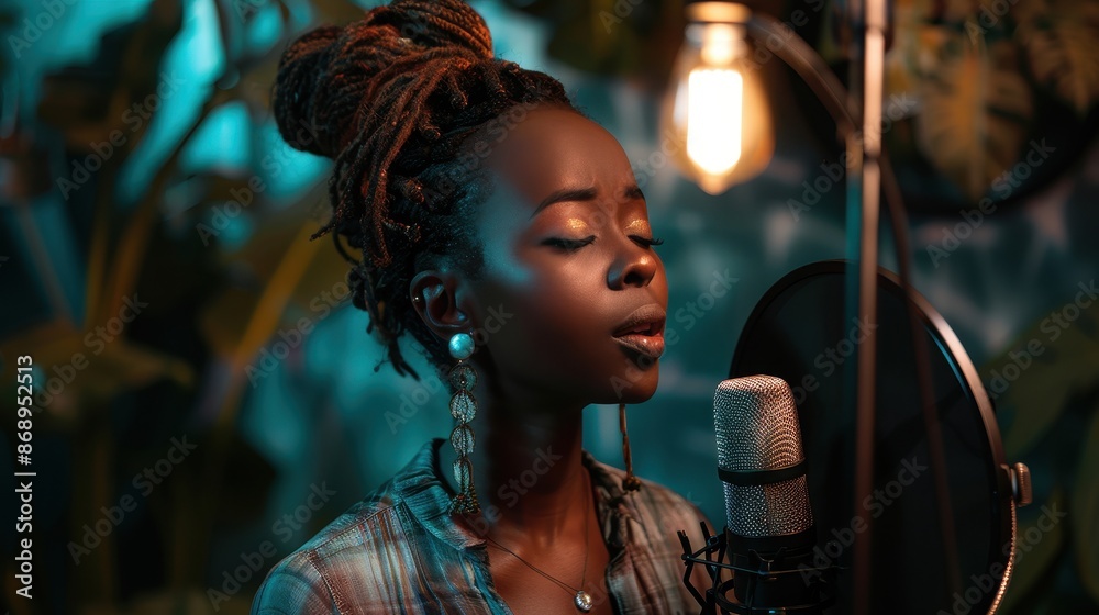 Fototapeta premium A young woman with dreadlocks sings into a microphone in a recording studio