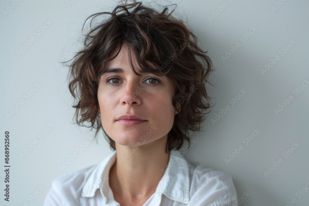 Portrait of a beautiful woman with long wavy hair looking at camera Portrait of a beautiful woman with long wavy hair looking at camera
