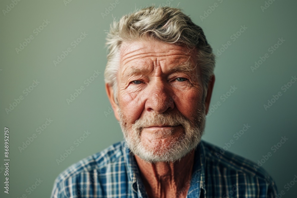 Portrait of a senior man with grey hair and beard in a plaid shirt. Portrait of a senior man with grey hair and beard in a plaid shirt.