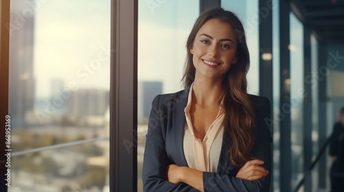 A millennial woman in business attire, standing near a window, smiling confidently at the camera