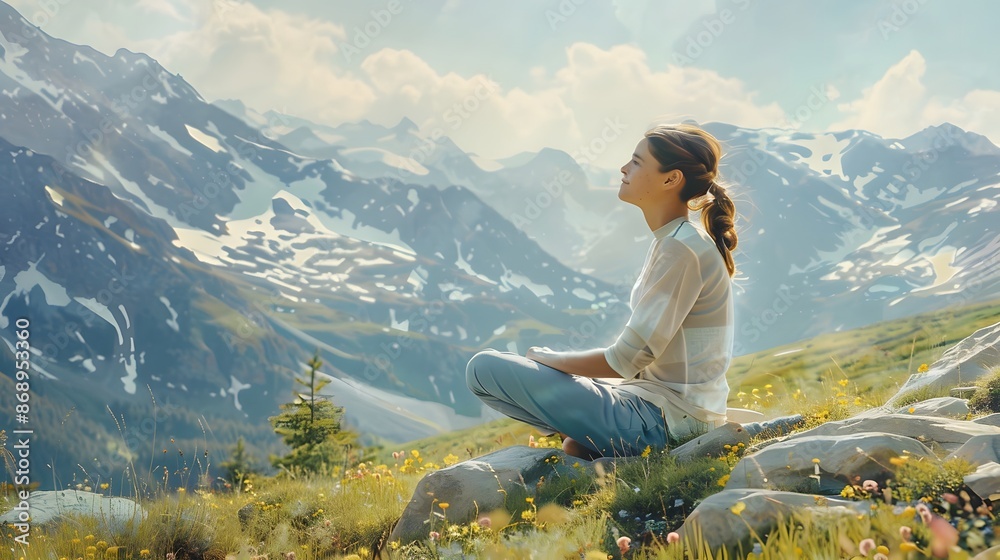 Naklejka premium Delighted young woman resting on the slopes of the mountain while feeling happy.