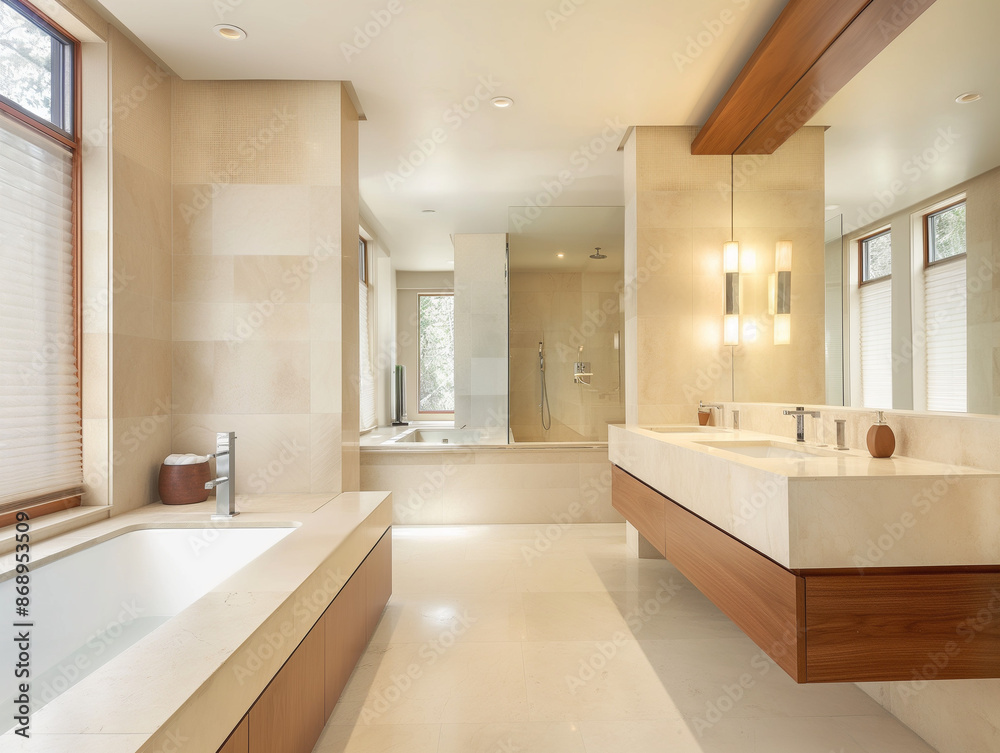 Modern Elegance: Crema Marfil Marble Bathroom - Vanity Top and Wall Cladding, Sleek Fixtures - Perfect for Contemporary Homes