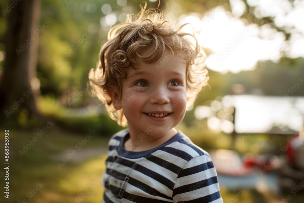 Portrait of a smiling little boy in a striped t-shirt in the park Portrait of a smiling little boy in a striped t-shirt in the park