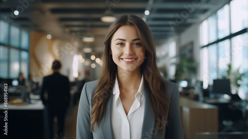A professional millennial woman in a business suit, standing in a bright office, smiling confidently