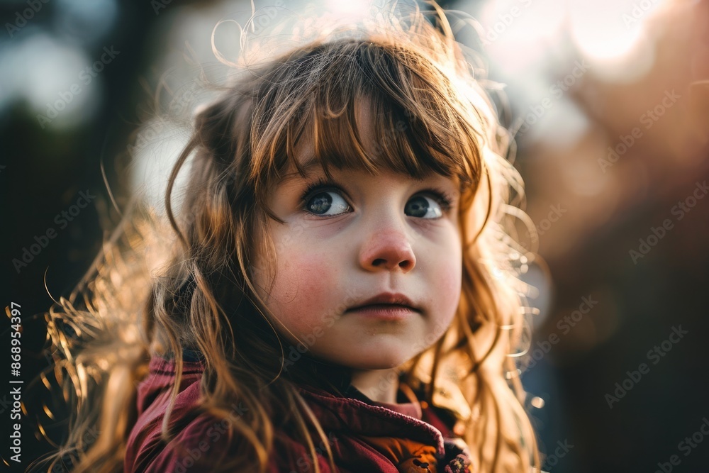 Portrait of a little girl with long hair on a background of sunset Portrait of a little girl with long hair on a background of sunset