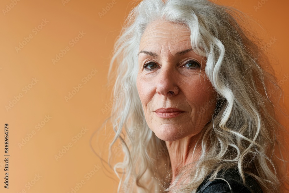 Portrait of a beautiful senior woman with blond hair on a orange background Portrait of a beautiful senior woman with blond hair on a orange background
