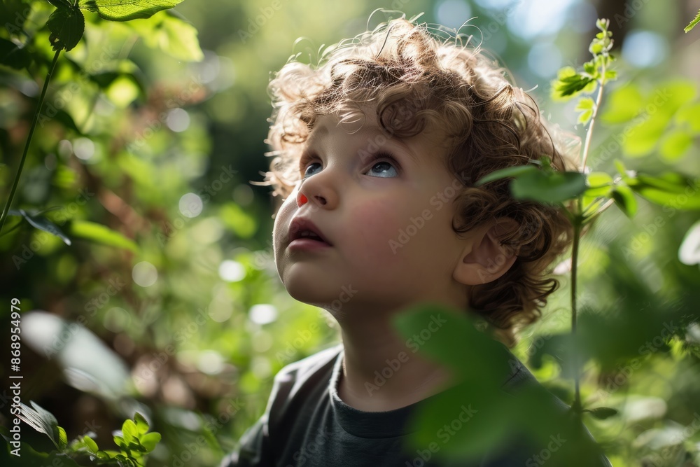 Portrait of a cute curly-haired boy in the garden. Portrait of a cute curly-haired boy in the garden.