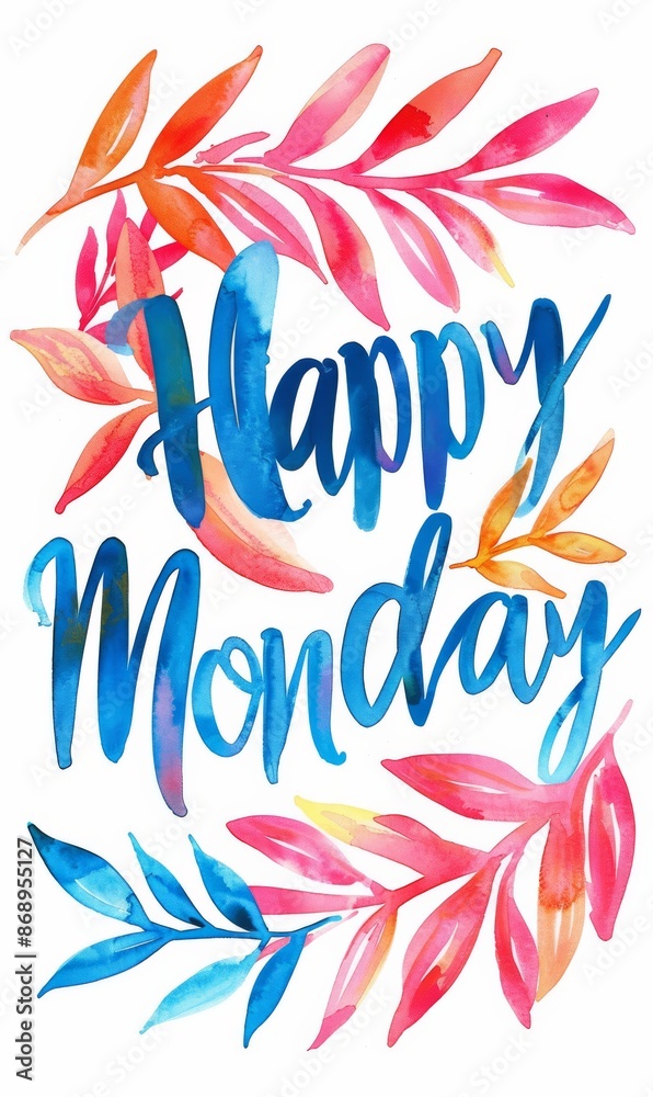 Watercolor paint imitation splash background with Happy Monday text. Modern calligraphy lettering. Watercolor paint imitation splash background with Happy Monday text. Modern calligraphy lettering.