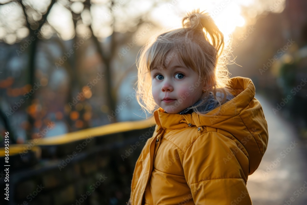Portrait of a cute little girl in a yellow jacket on the background of the autumn park Portrait of a cute little girl in a yellow jacket on the background of the autumn park