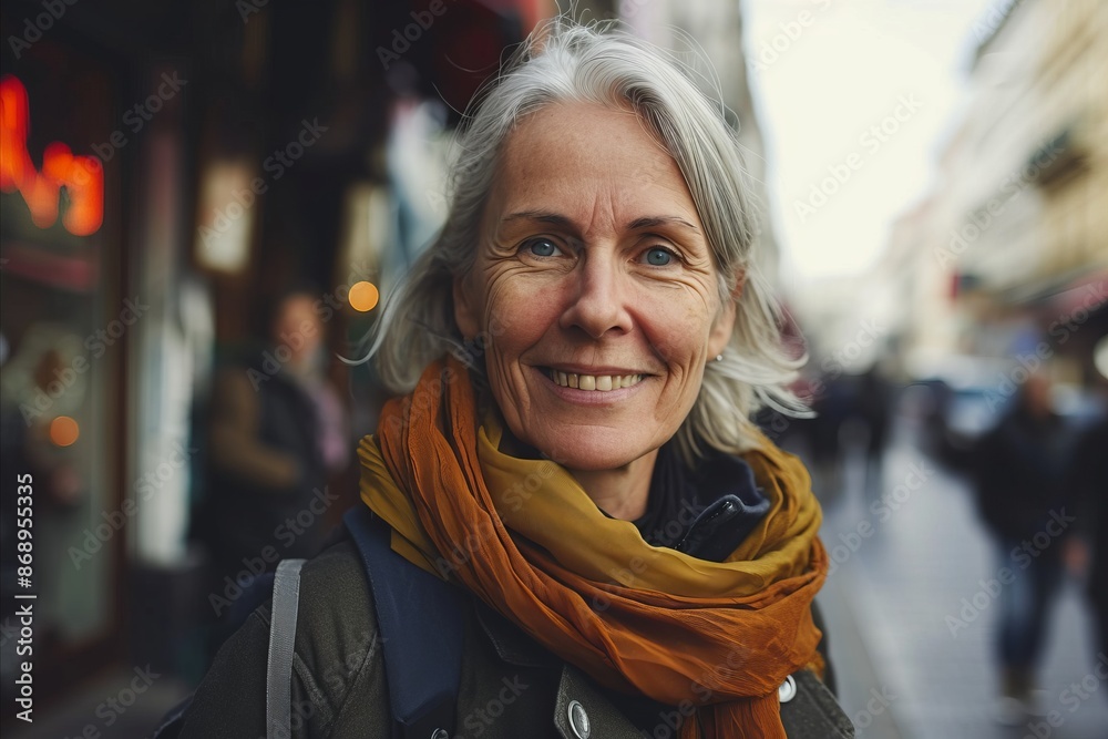 Portrait of happy senior woman in scarf on the streets of Paris Portrait of happy senior woman in scarf on the streets of Paris