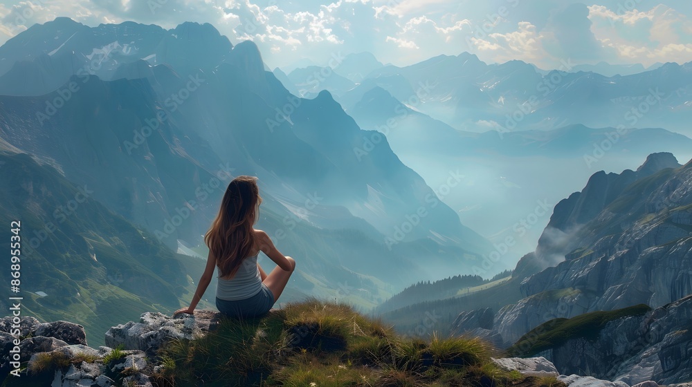 Naklejka premium Delighted young woman resting on the slopes of the mountain while feeling happy. 