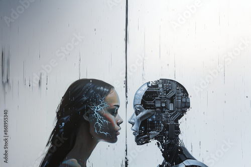 Face-à-face entre l'humain et le robot, un reflet de l'évolution technologique et des questions éthiques de l'intelligence artificielle dans un monde futuriste aux frontières floues. photo