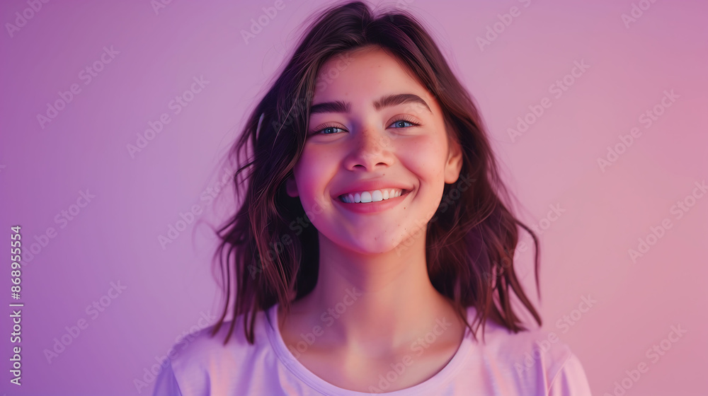 A smiling millennial woman, looking confidently at the camera against a solid lavender background A smiling millennial woman, looking confidently at the camera against a solid lavender background