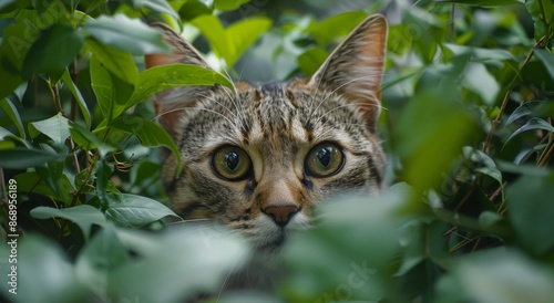 Tabby Cat Peeking Through Green Leaves In The Daytime