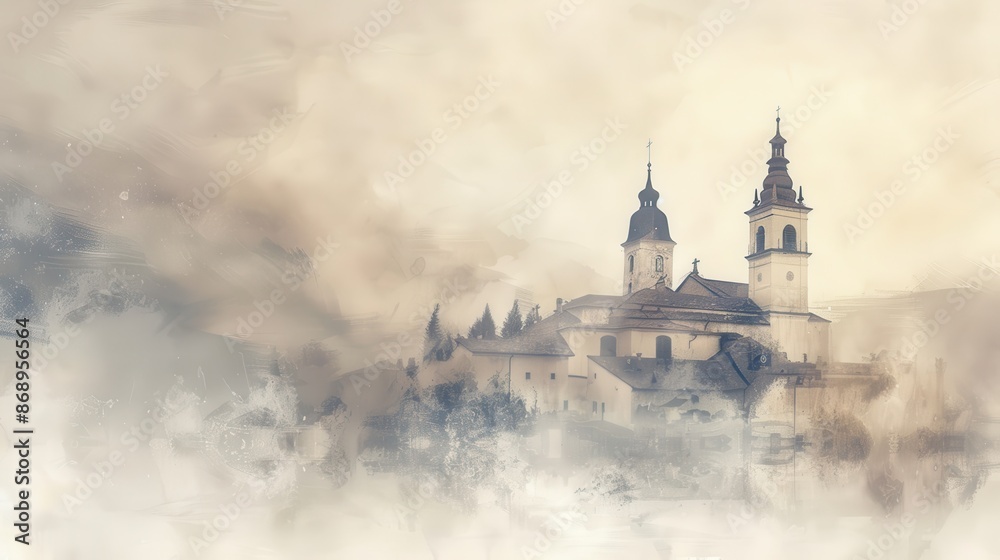 Obraz premium Monastery at Dawn with Mist Biblical Illustration, Christian Mysticism and Tranquility, Beige Background, copyspace