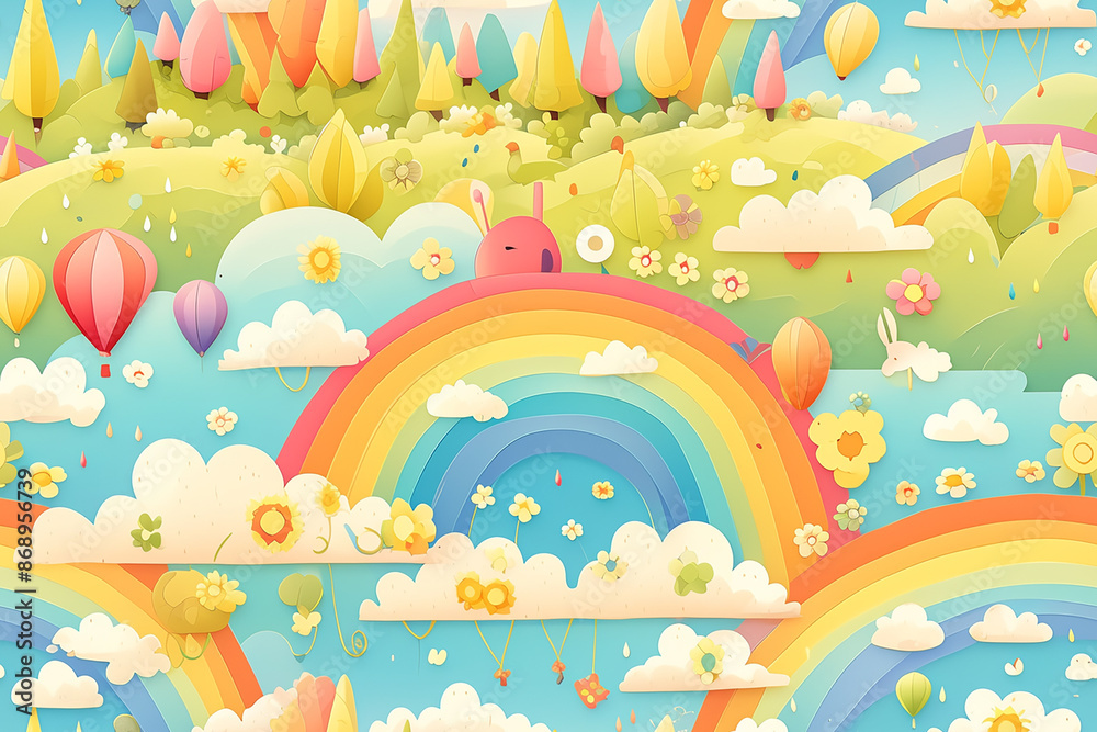 Naklejka premium A whimsical and bright landscape pattern with rainbows, hot air balloons, and pastel-colored trees in a sunny meadow.