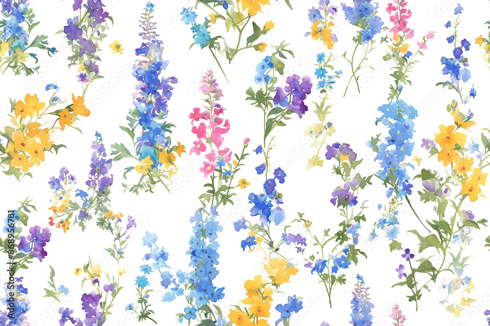 A seamless pattern with delicate watercolor flowers in pastel colors. The design is light and airy, featuring flowers in shades of blue, purple, and yellow on a white background. A seamless pattern with delicate watercolor flowers in pastel colors. The design is light and airy, featuring flowers in shades of blue, purple, and yellow on a white background.