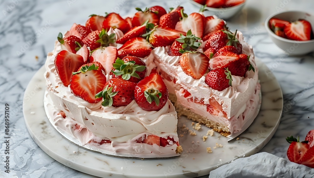Delicious Strawberry Cake with Fresh Sliced Strawberries, Perfect Dessert for Summer Delicious Strawberry Cake with Fresh Sliced Strawberries, Perfect Dessert for Summer