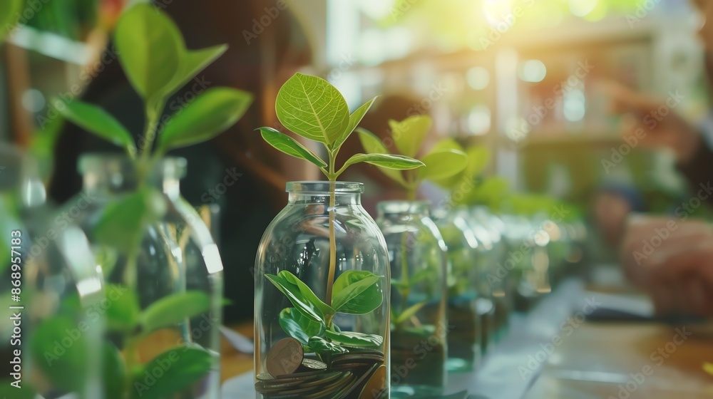 Fototapeta premium Young plants growing in glass containers with bright sunlight. Symbolizing nurture, growth, and sustainability in a natural setting.