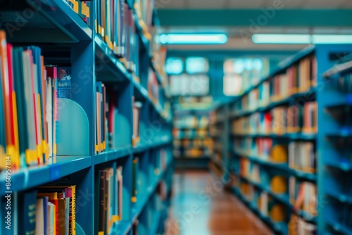 Wide-angle view of a colorful, vibrant library aisle with books stacked on blue shelves, providing an inviting atmosphere for reading and learning. photo