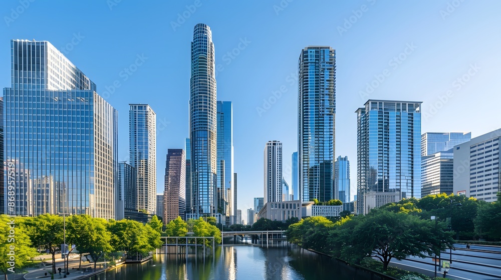 Chicago Skyline with Lush Greenery and Reflective Water Chicago Skyline with Lush Greenery and Reflective Water