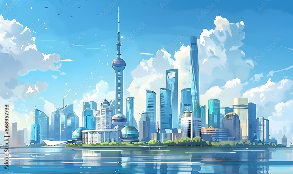 Fototapeta premium Stunning Skyline of a Modern Metropolis with Blue Skies and Clouds