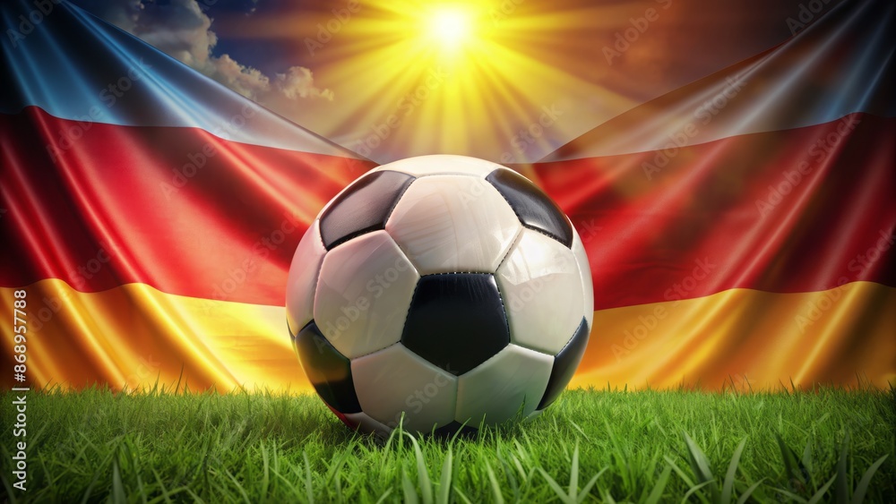 Fototapeta premium Vibrant abstract representation of Germany's national flag with a soccer ball prominently positioned in front, symbolizing UEFA Euro 2024 zeal.