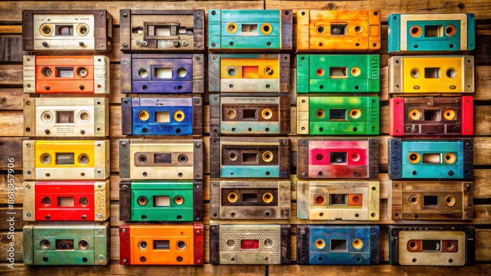 A nostalgic heap of retro audio cassettes in assorted colors and labels stacked haphazardly on a worn wooden shelf. A nostalgic heap of retro audio cassettes in assorted colors and labels stacked haphazardly on a worn wooden shelf.