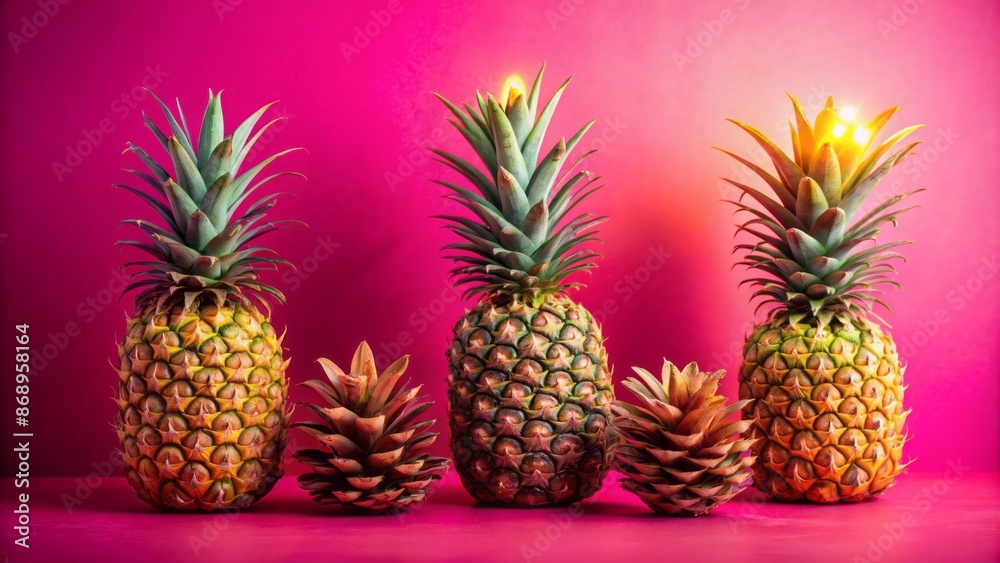 Fototapeta premium Vibrant pink background showcases three perfectly aligned pinecones alongside a bright yellow pineapple, exuding warmth and festive charm naturally.