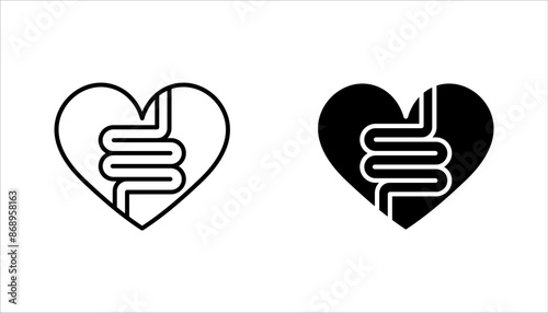 Intestine with heart icon set. Healthy internal organ, digestive tract symbol vector illustration on white background
