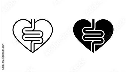 Intestine with heart icon set. Healthy internal organ, digestive tract symbol vector illustration on white background
