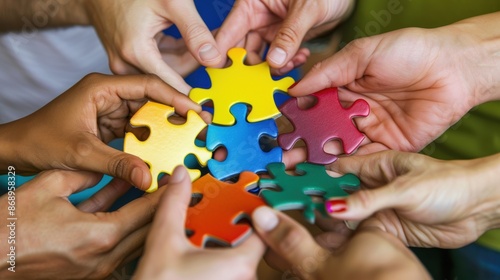 Bringing together diverse people in a colorful jigsaw puzzle represents cooperation, unity, and working together to achieve a grand and unified goal.