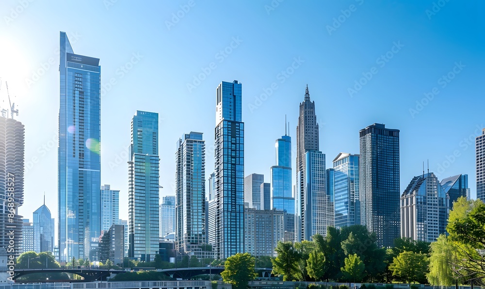 Obraz premium Modern Cityscape with Towering Buildings and Blue Sky