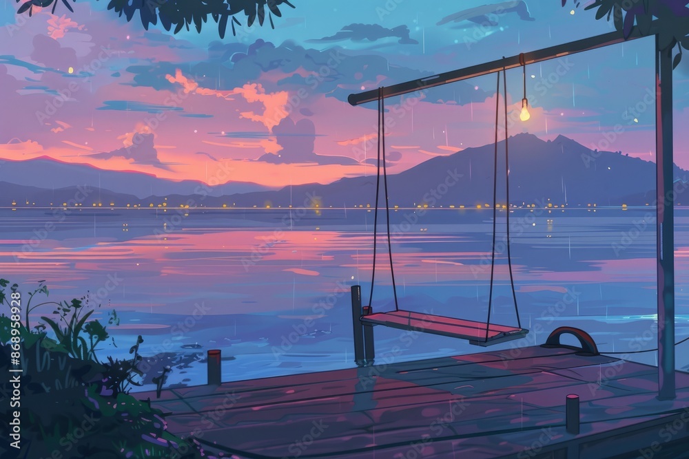 Tranquil dock with a solitary boat and soft ripples in the water, cozy vibe, Generative AI Tranquil dock with a solitary boat and soft ripples in the water, cozy vibe, Generative AI
