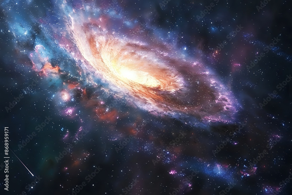 Obraz premium Spectacular spiral galaxy with bright core, colorful nebulae, and shining stars. Concept of space exploration, astronomy, and the universe.