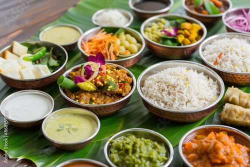 Traditional Onam Sadhya feast arranged on banana leaves with vibrant Kerala dishes showcasing rich culinary heritage © HendraGalus