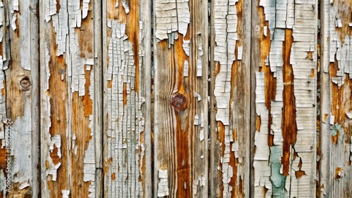 Weathered aged peeling white paint on rustic old gray wood board wall with simple wooden boards forming a distressed background. photo