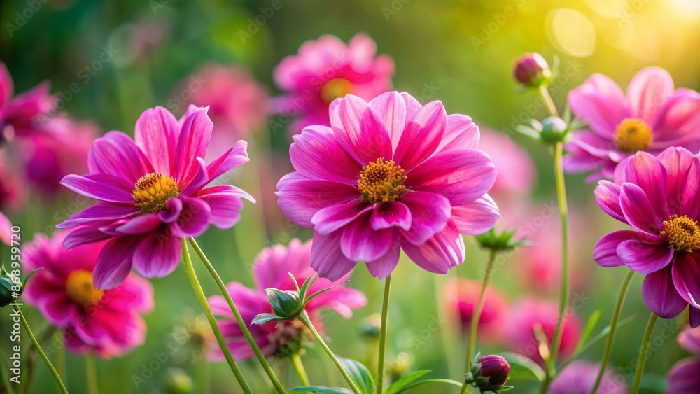 Vibrant delicate pink petals swaying gently against soft blurred green backdrop with selective focus emphasizing tender flower details. Vibrant delicate pink petals swaying gently against soft blurred green backdrop with selective focus emphasizing tender flower details.