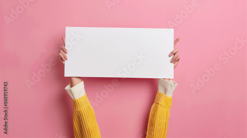 Hands with blank paper with pink background, score board mock up, quote or note mock up.