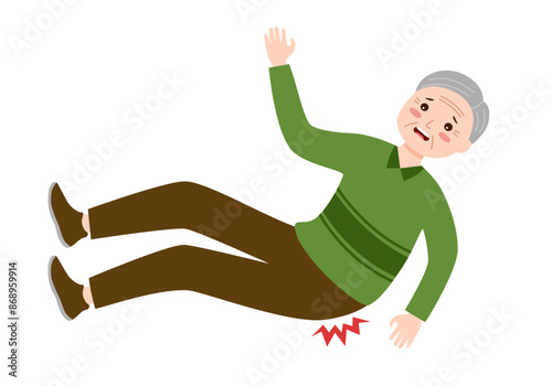 Senior man falls and hurts back in flat design on white background. Senior back pain concept.