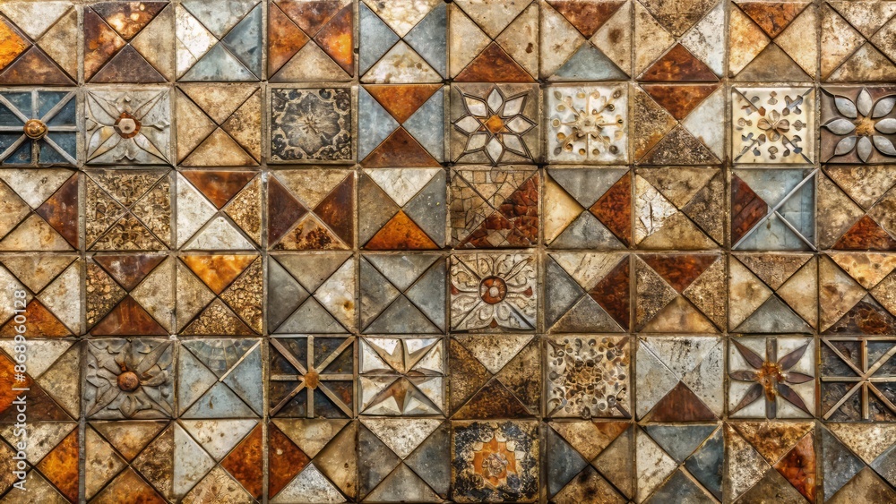 Weathered mosaic tiles in geometric patterns adorn a worn, rusty, and ornate stone concrete wall with a shabby, vintage texture. Weathered mosaic tiles in geometric patterns adorn a worn, rusty, and ornate stone concrete wall with a shabby, vintage texture.