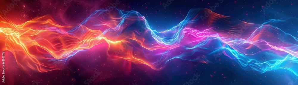 Colorful light waves flowing dynamically against a dark starry backdrop, creating a mesmerizing and energetic visual effect. Colorful light waves flowing dynamically against a dark starry backdrop, creating a mesmerizing and energetic visual effect.