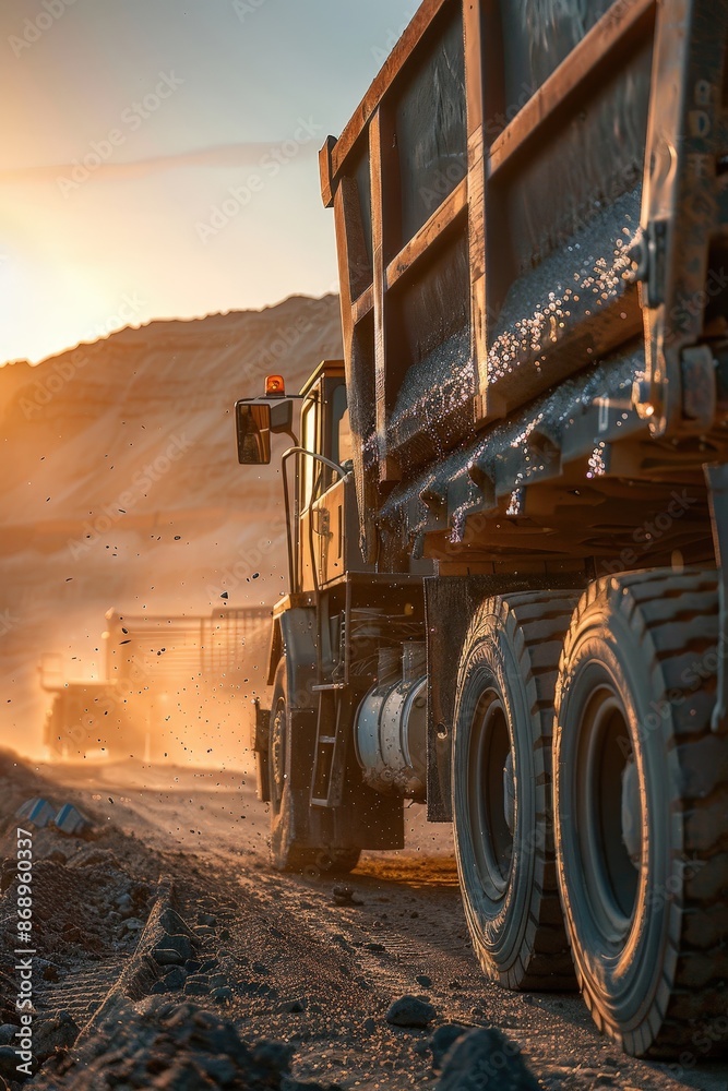 Fototapeta premium Heavy-duty dump trucks working at a construction site during sunset, with dust and dirt in the air, creating a dramatic scene.