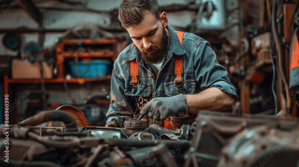 A focused mechanic wearing denim overalls and gloves works diligently on a car engine in a cluttered workshop, showcasing craftsmanship and dedication. A focused mechanic wearing denim overalls and gloves works diligently on a car engine in a cluttered workshop, showcasing craftsmanship and dedication.