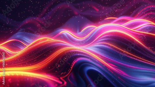 A stunning abstract digital landscape featuring vibrant neon light waves and glowing particles against a dark background.